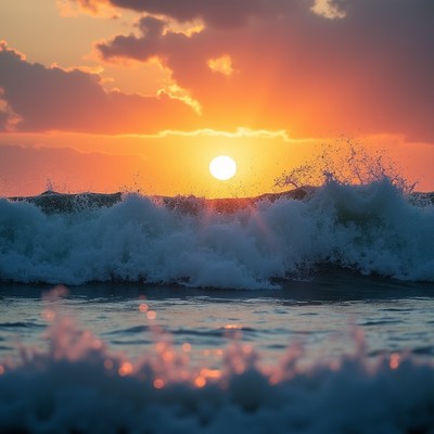 Sunset over crashing ocean waves
