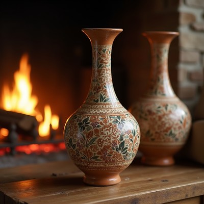 Two terracotta vases by fireplace