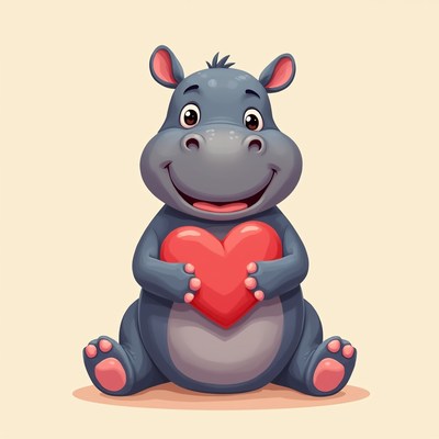 Cartoon hippo holding red heart