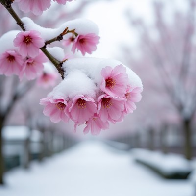 Snow-Covered Pink Cherry Blossoms