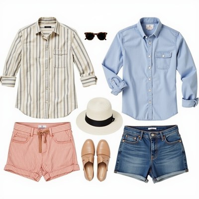 Striped Shirts Straw Hat Shorts Outfit Collage