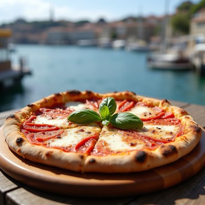 Pizza with basil on wooden board
