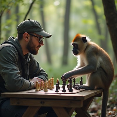 Man playing chess with monkey