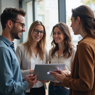 Business team discussing laptop