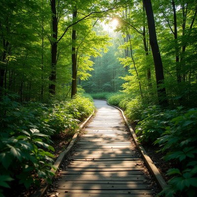 Wooden Boardwalk Through Lush Forest
