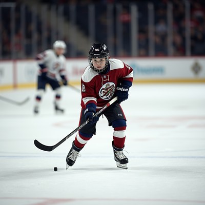 Boy hockey player shooting puck