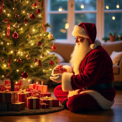 Santa Claus holding gift by Christmas tree