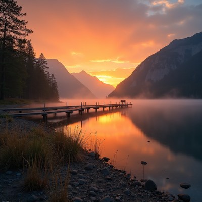 Sunrise over mountain lake pier