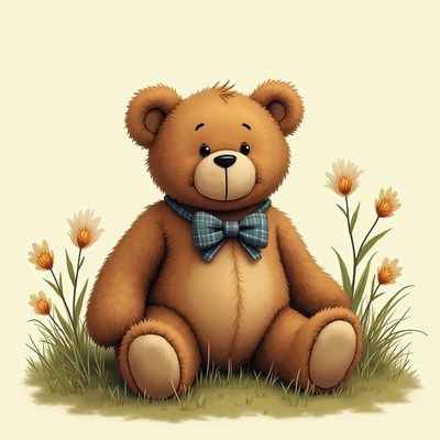Cute teddy bear with bowtie and daisies