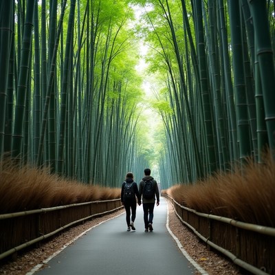 Asian couple walking bamboo forest path