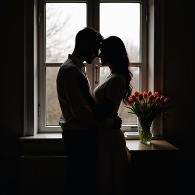 Silhouette couple embracing by window