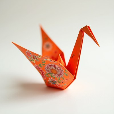 Orange Origami Crane with Floral Pattern
