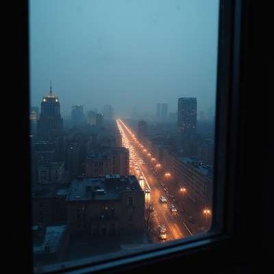 Rainy City Street from Window