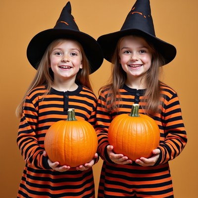 Twin girls holding pumpkins in witch hats