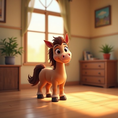 Cute cartoon foal in sunny room