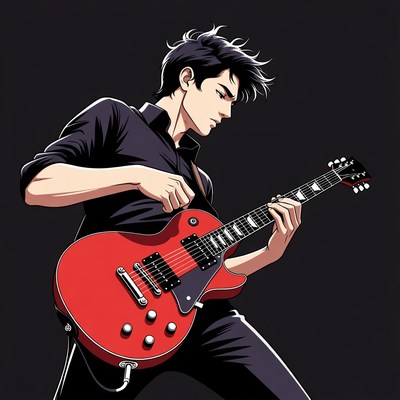 Anime guy playing red electric guitar