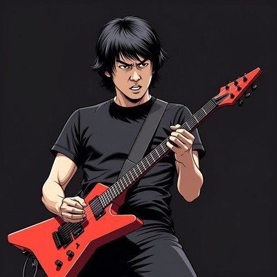 Asian man playing red electric guitar