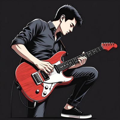 Young man playing red electric guitar