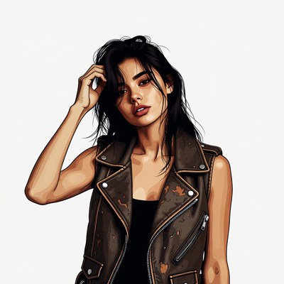 Asian woman in leather vest