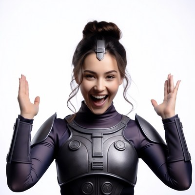 Excited woman in Mandalorian armor