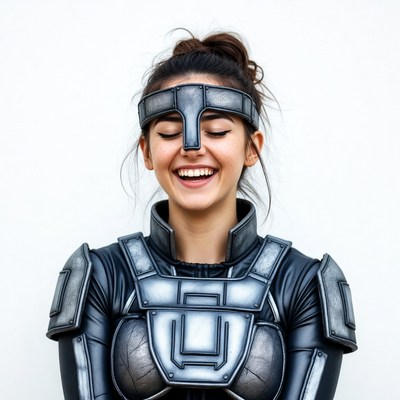 Woman smiling in futuristic armor