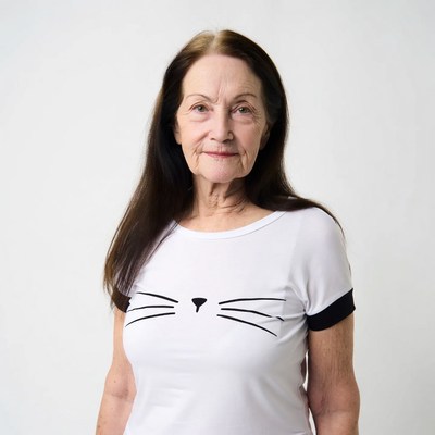Elderly woman in cat face t-shirt