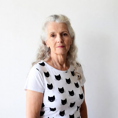 Elderly woman in cat print t-shirt