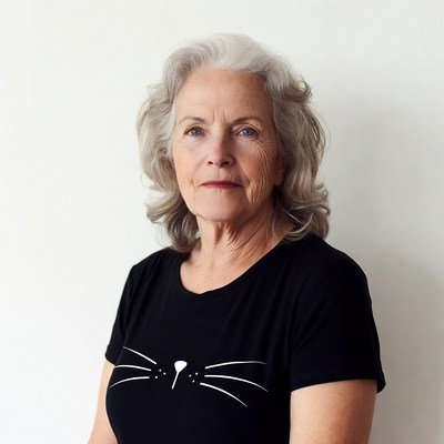 Elderly woman in cat face t-shirt