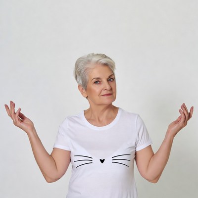 Elderly woman in cat face t-shirt