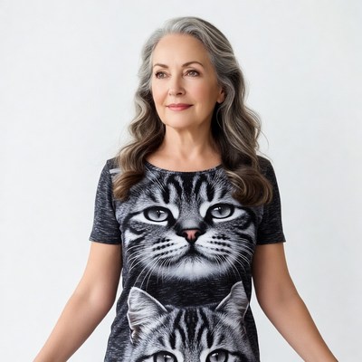 Woman wearing cat print t-shirt