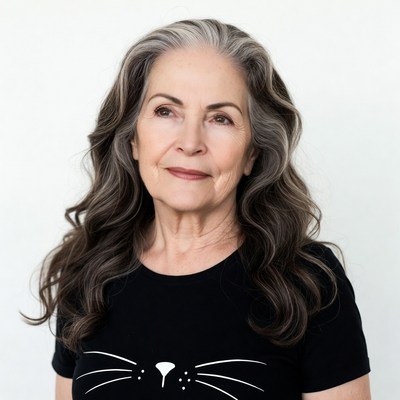Senior woman in black cat t-shirt