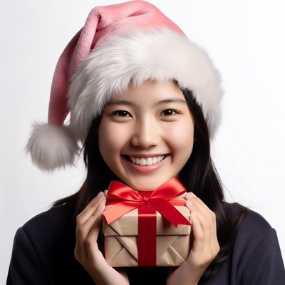 Asian woman holding Christmas gift
