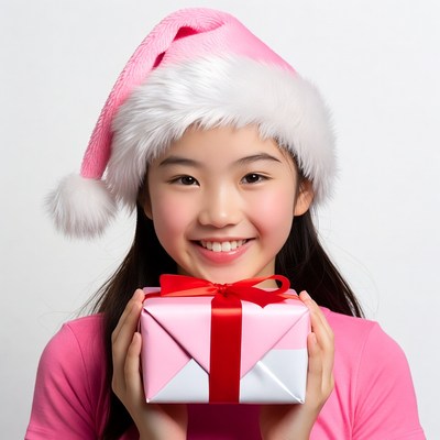 Asian girl holding pink Christmas gift