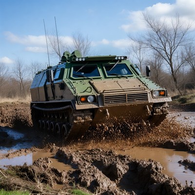 Military vehicle driving through mud