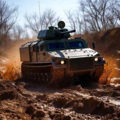 Military vehicle driving through mud