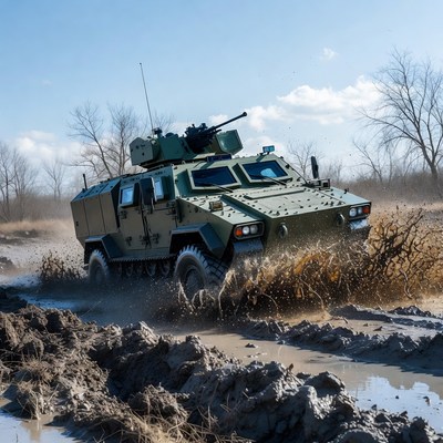 Military vehicle driving through mud