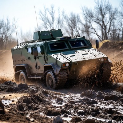 Military vehicle driving through mud