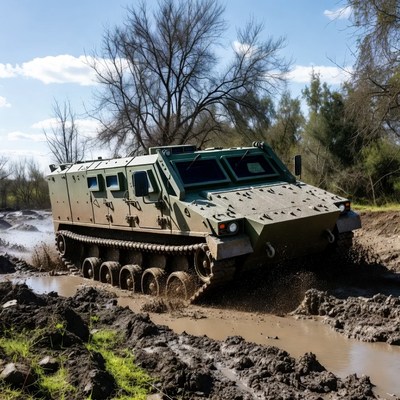 Military vehicle driving through mud
