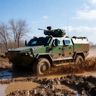 Military vehicle driving through mud