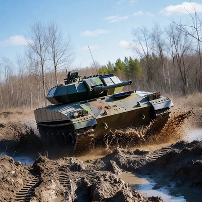 Military tank driving through mud