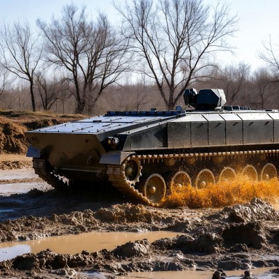 Military tank driving through mud