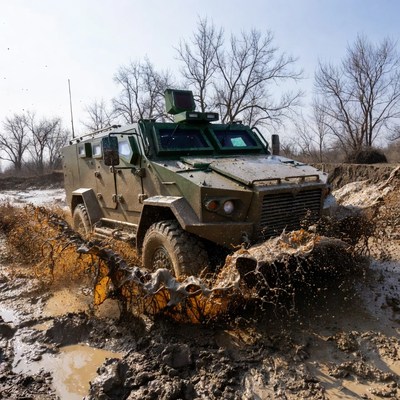Military vehicle driving through mud
