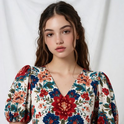 Young woman in floral puff sleeve dress