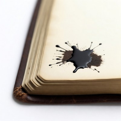 Open vintage book with ink spill
