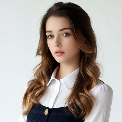 Young woman in navy vest and white shirt