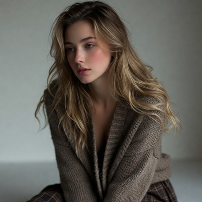 Blonde woman in beige cardigan