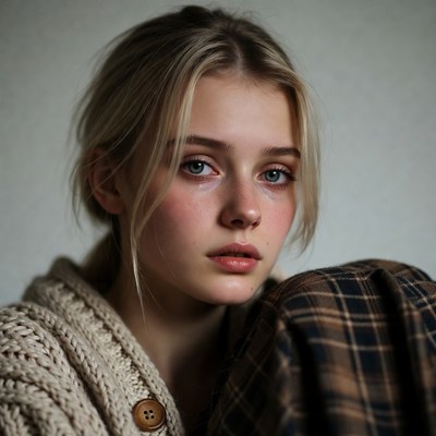 Blonde woman in cream sweater