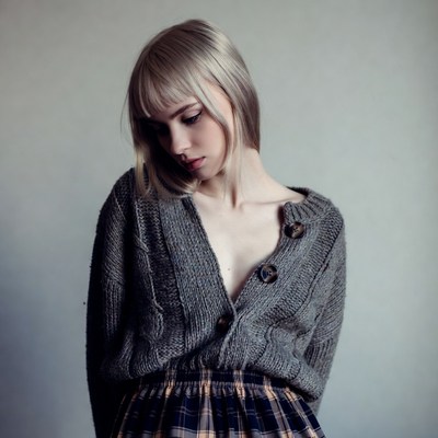 Blonde woman in open gray cardigan