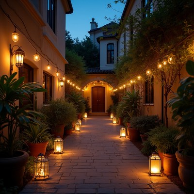 Twilight Courtyard Pathway with String Lights