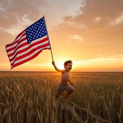 Boy waving American flag in wheat field